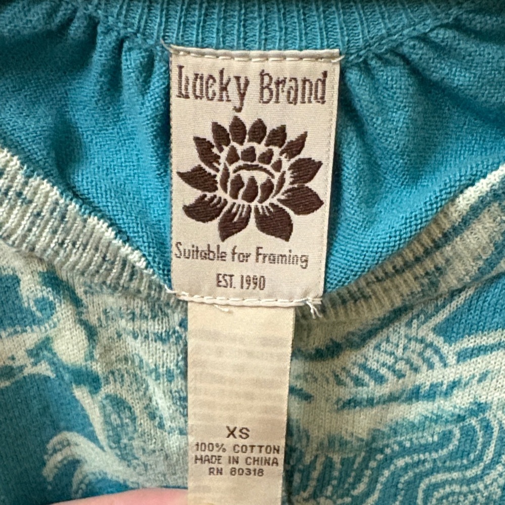 Lucky Brand Teal Button-Up Cardigan with White Floral Design - Picture 2 of 3
